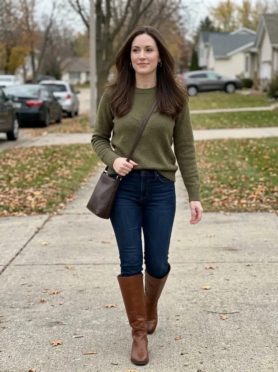 Olive green knit sweater with dark-wash jeans and tall cognac boots