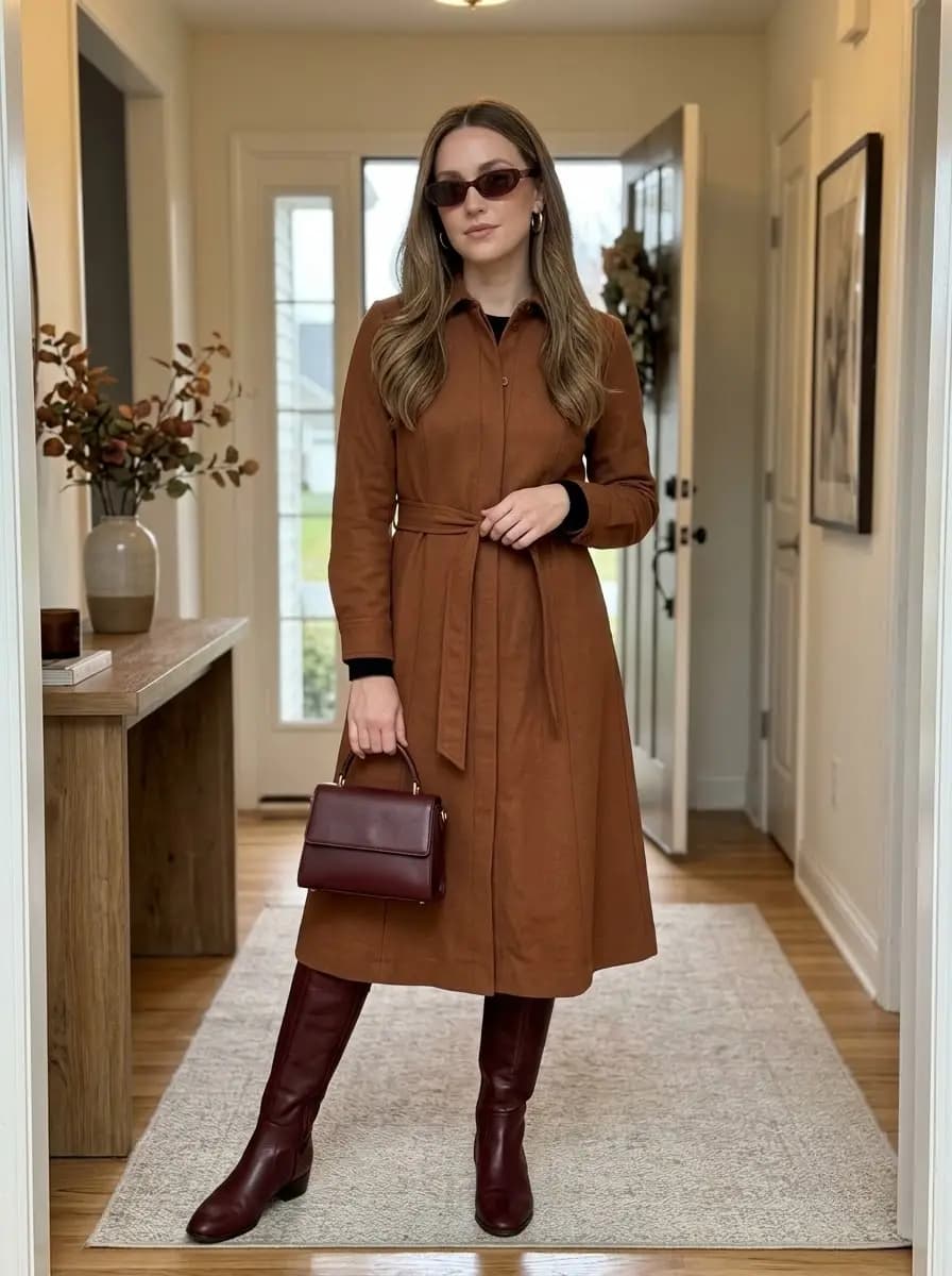 Brown suede belted midi dress over black long-sleeve top with burgundy boots