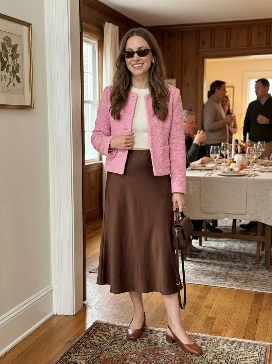 Pink tweed cropped jacket over cream knit sweater and brown satin midi skirt