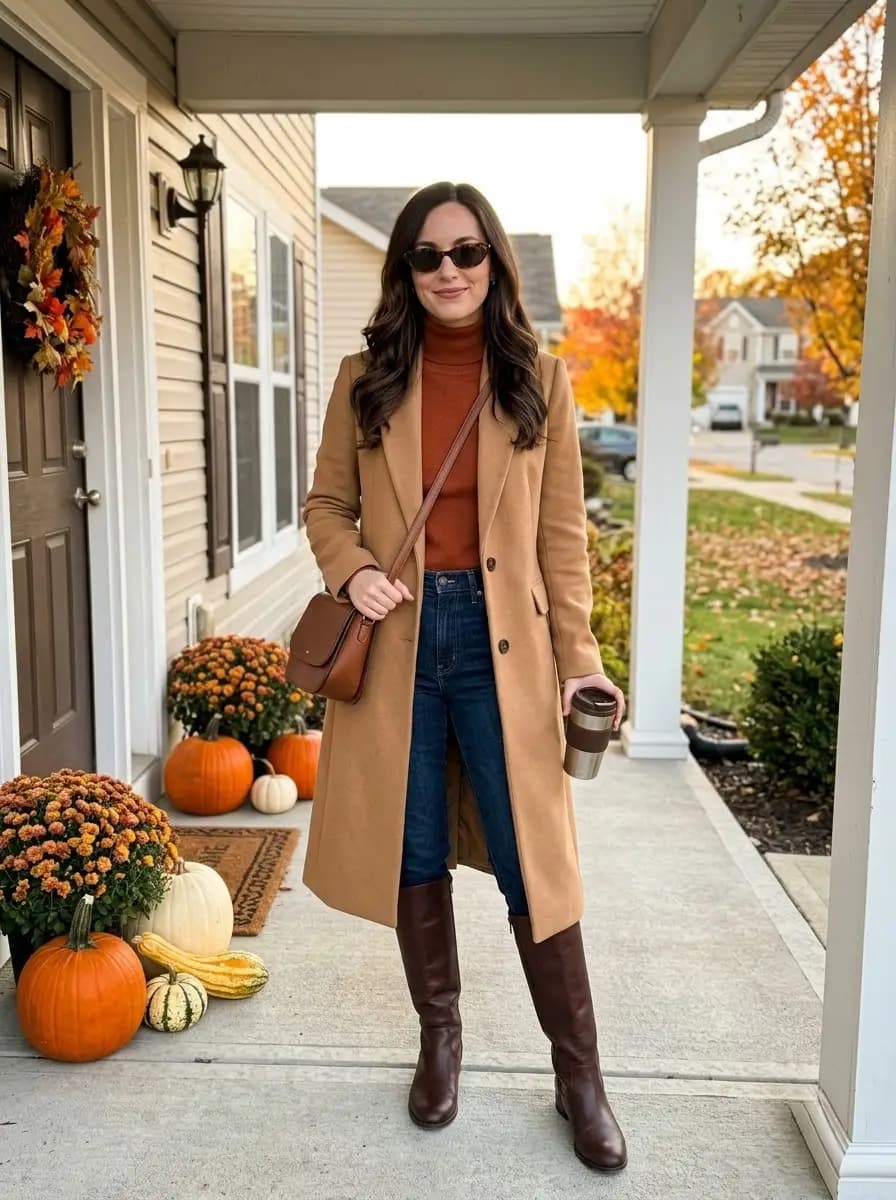 Rust turtleneck sweater under camel coat with blue jeans and knee-high boots