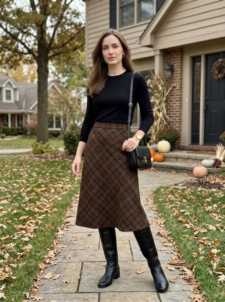 Black long-sleeve top with brown plaid midi skirt and knee-high black boots
