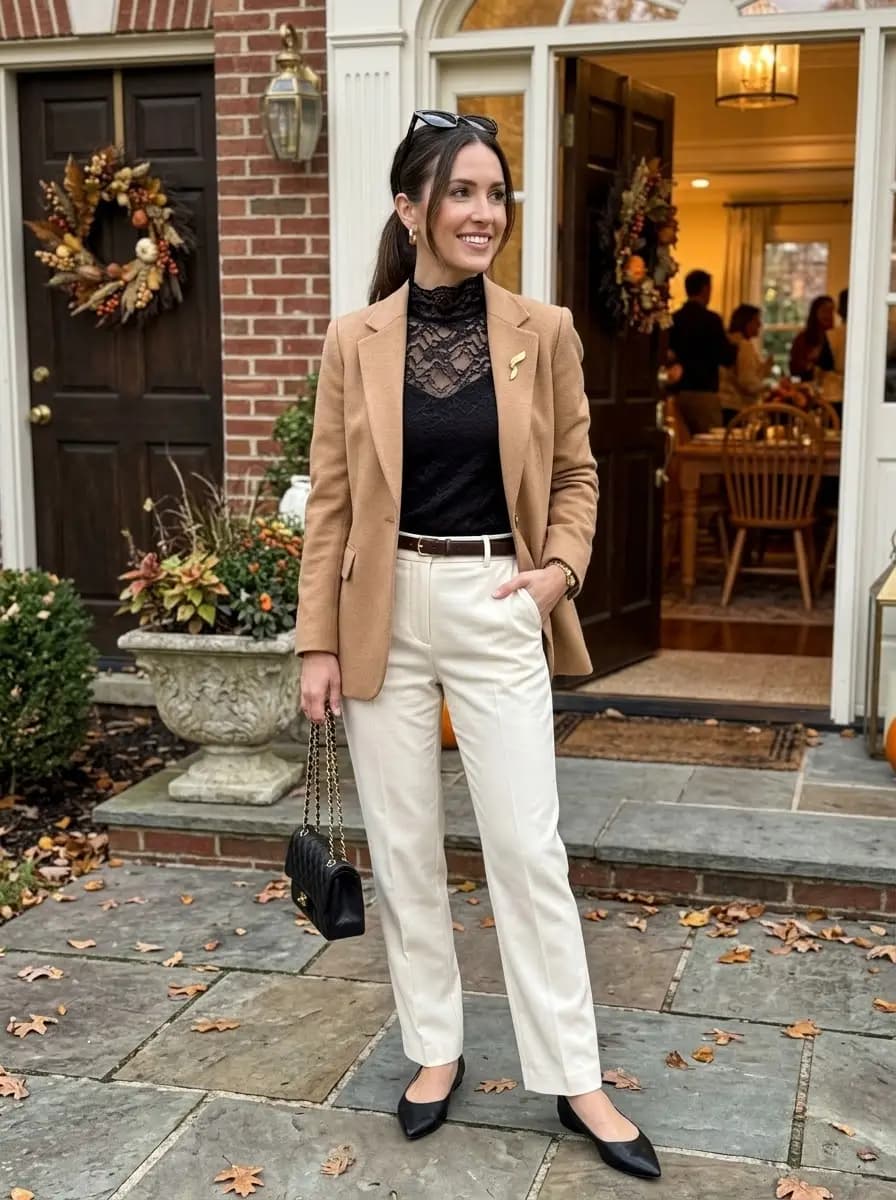 Black lace top with camel blazer and cream tailored trousers