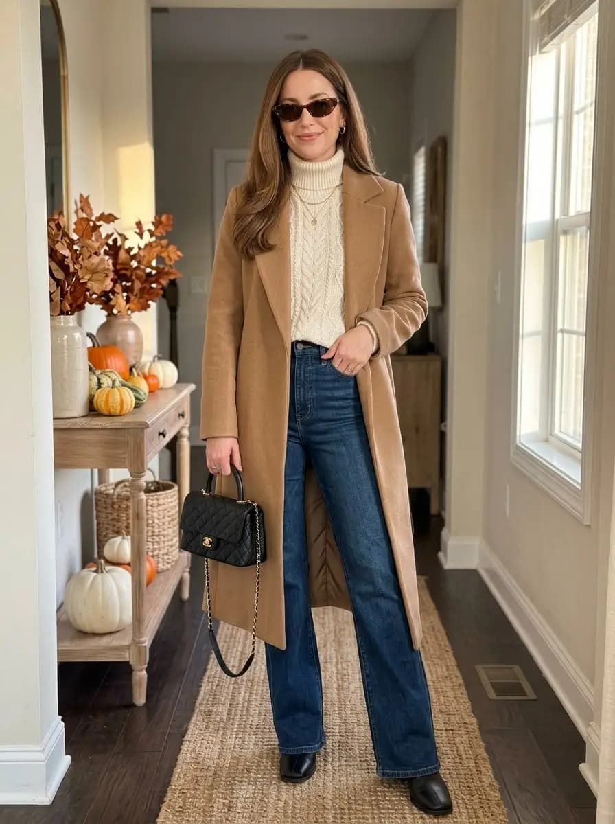 Cream cable-knit turtleneck with dark wide-leg jeans and camel wool overcoat