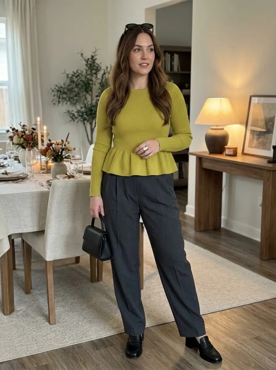 Lime green ribbed peplum sweater with charcoal grey trousers and loafers