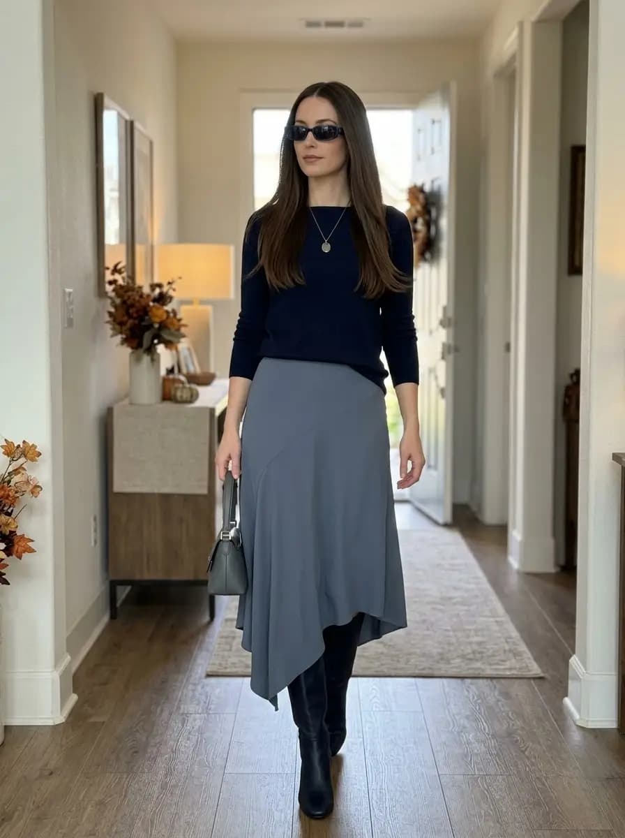 Navy long-sleeve sweater with grey asymmetrical midi skirt and tall black boots