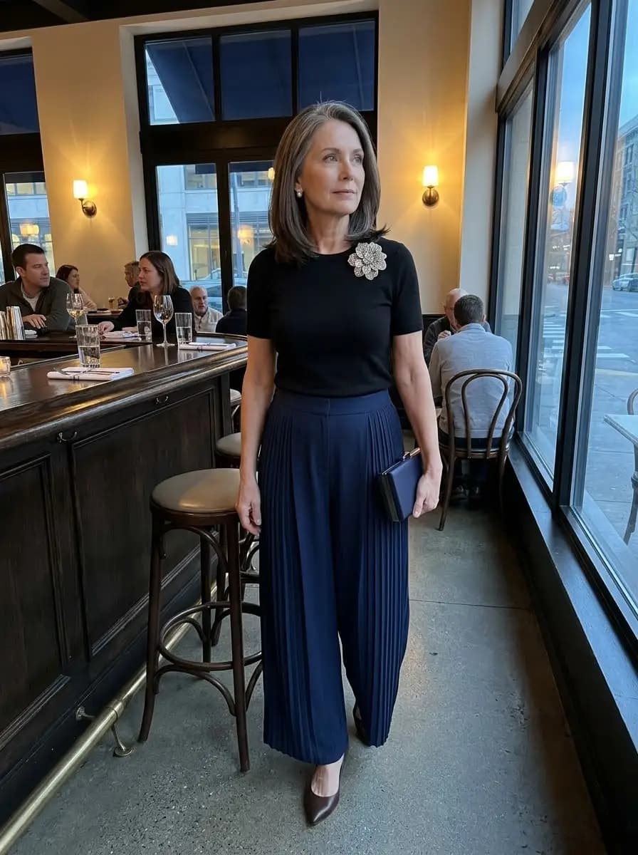 Black short-sleeve top with navy pleated wide-leg trousers