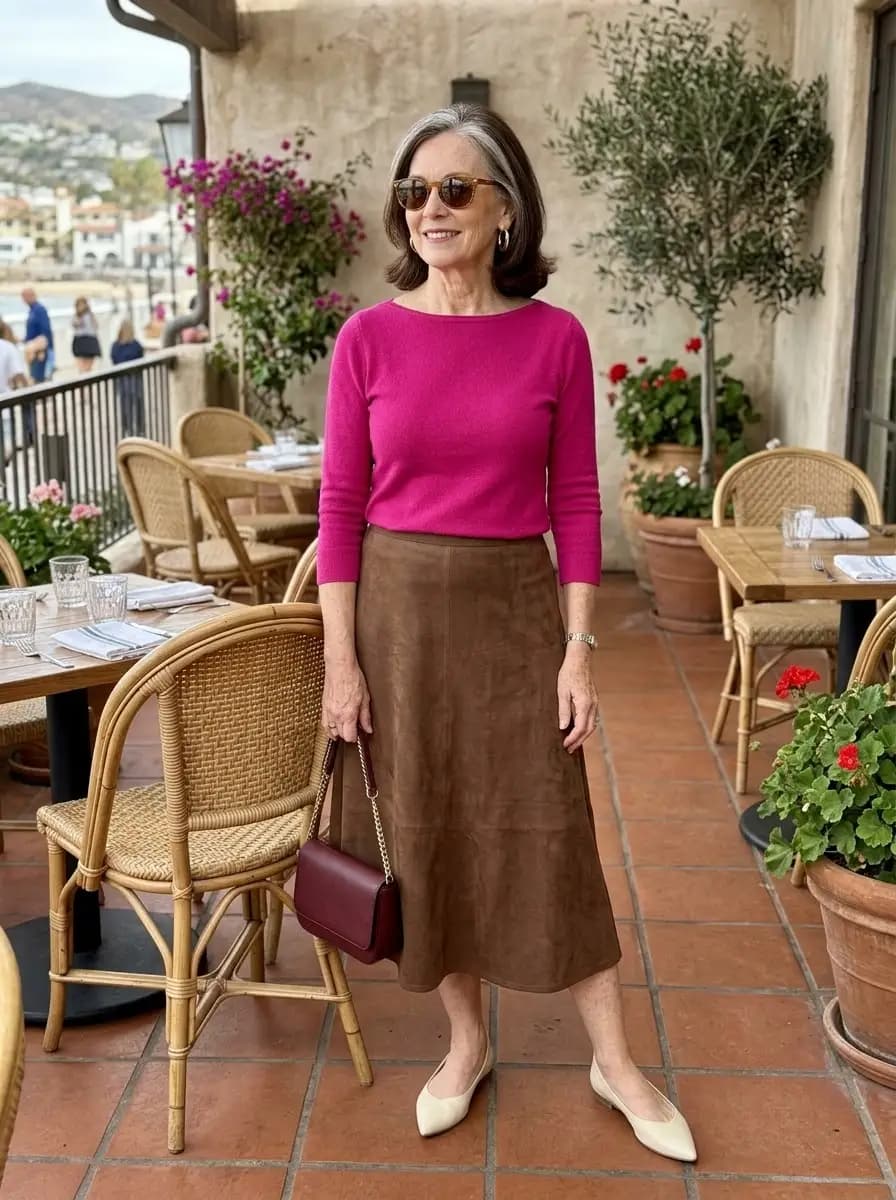 Fuchsia 3/4-sleeve top with chocolate brown suede midi skirt