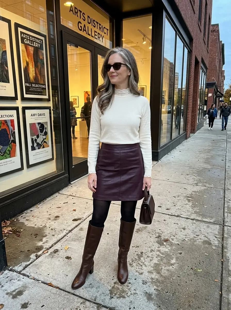 Cream lace-trimmed sweater with burgundy faux-leather mini skirt