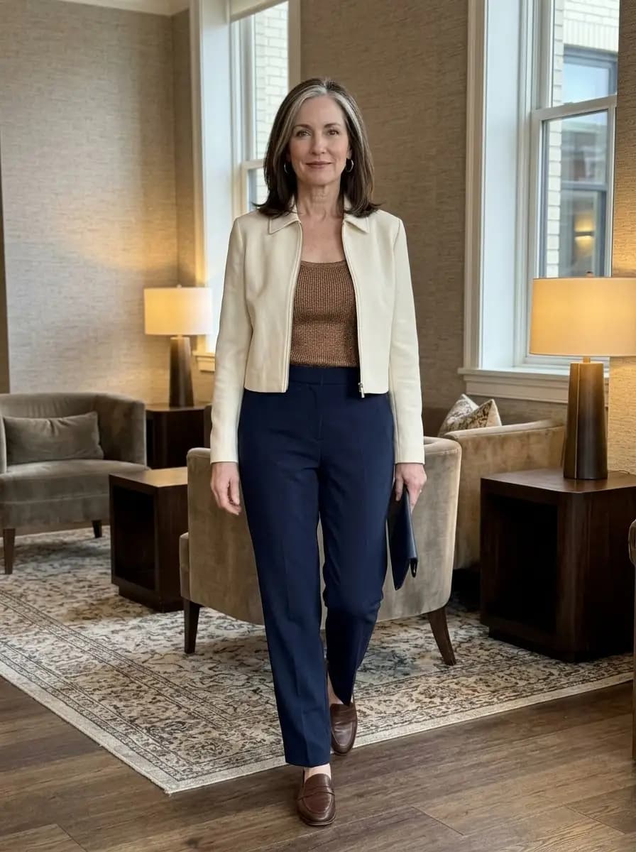 Cream cropped blazer with tan metallic knit top and navy straight-leg trousers