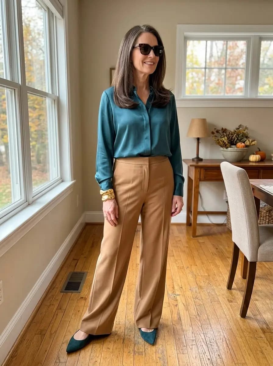 Teal silk collared blouse with camel wide-leg trousers