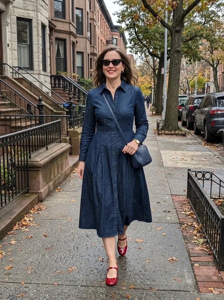 Dark-wash denim shirt dress