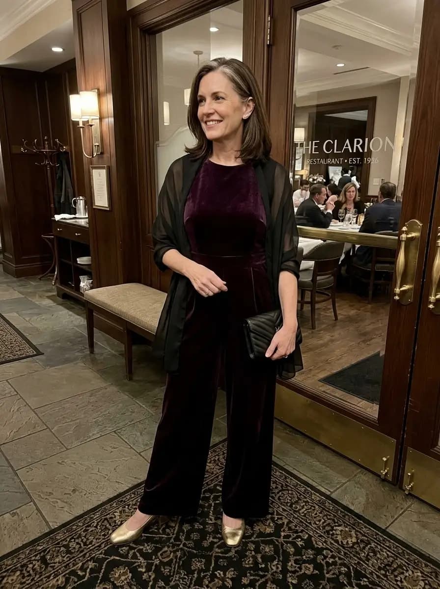 Burgundy velvet jumpsuit with black sheer shawl and gold flats