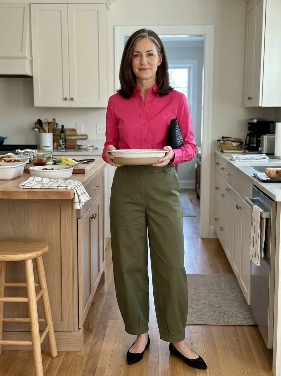 Hot pink collared shirt with olive green wide-leg trousers