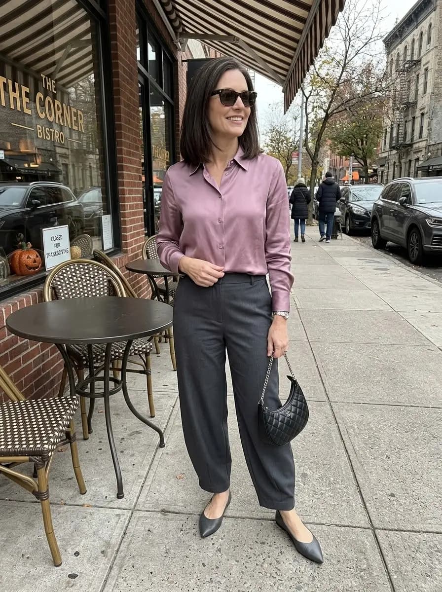 Rose collared silk blouse with dark grey wide-leg trousers