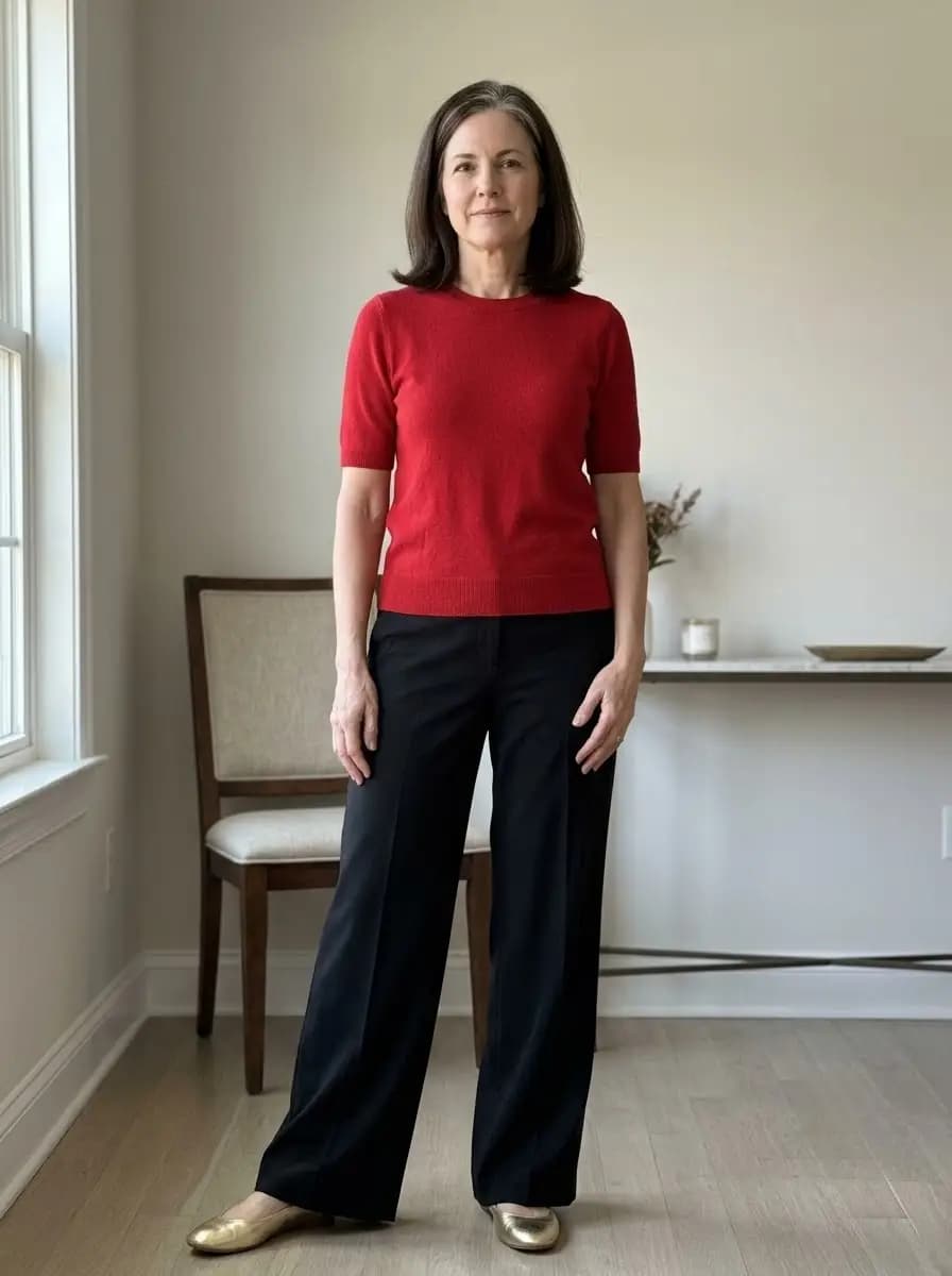 Red short-sleeve sweater with black wide-leg trousers