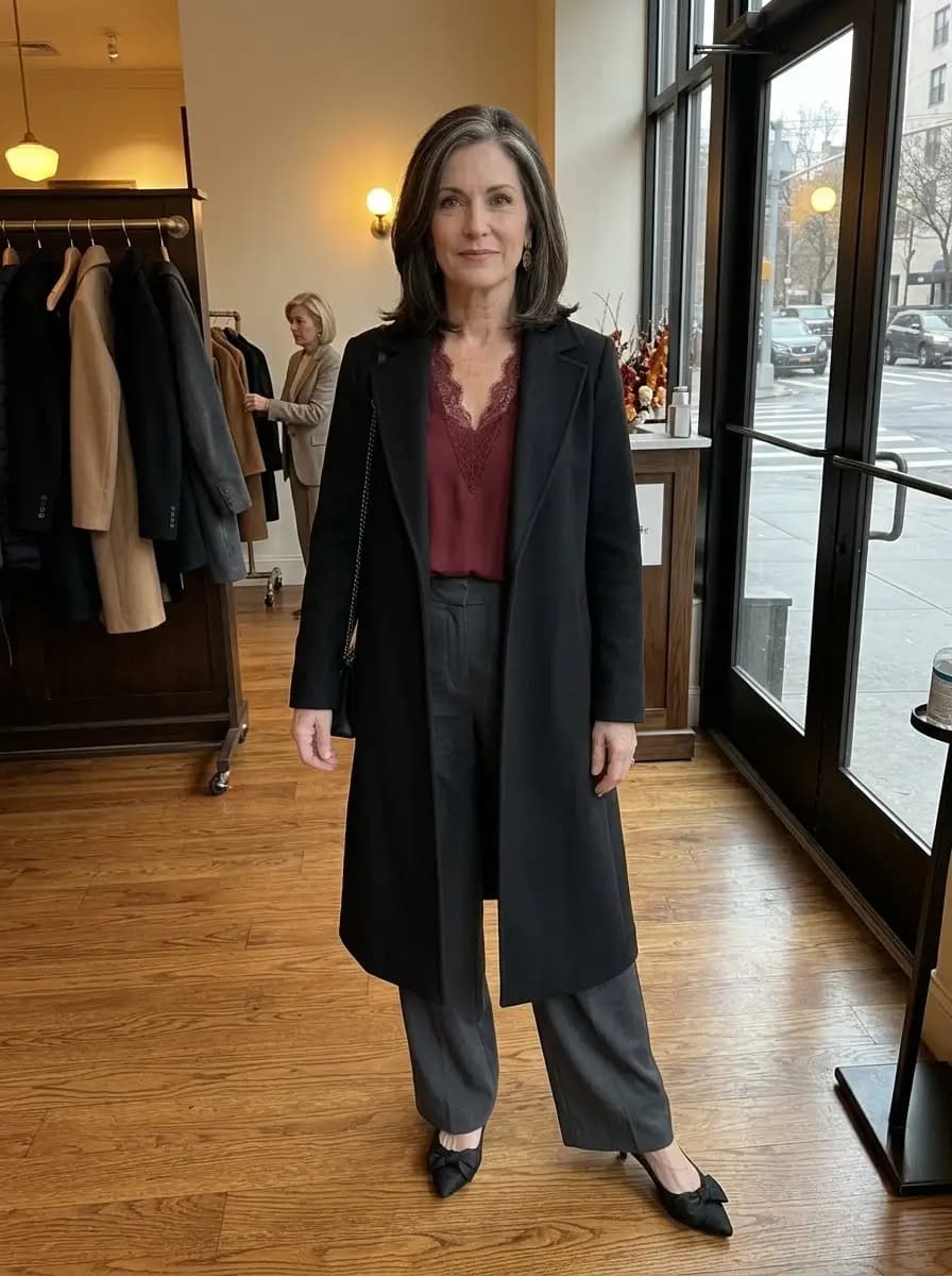 Dark grey longline wool coat over burgundy lace trim top with dark grey wide-leg trousers