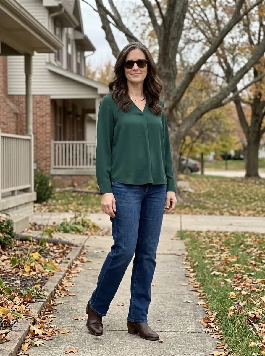 Green long-sleeve top with dark-wash straight-leg jeans