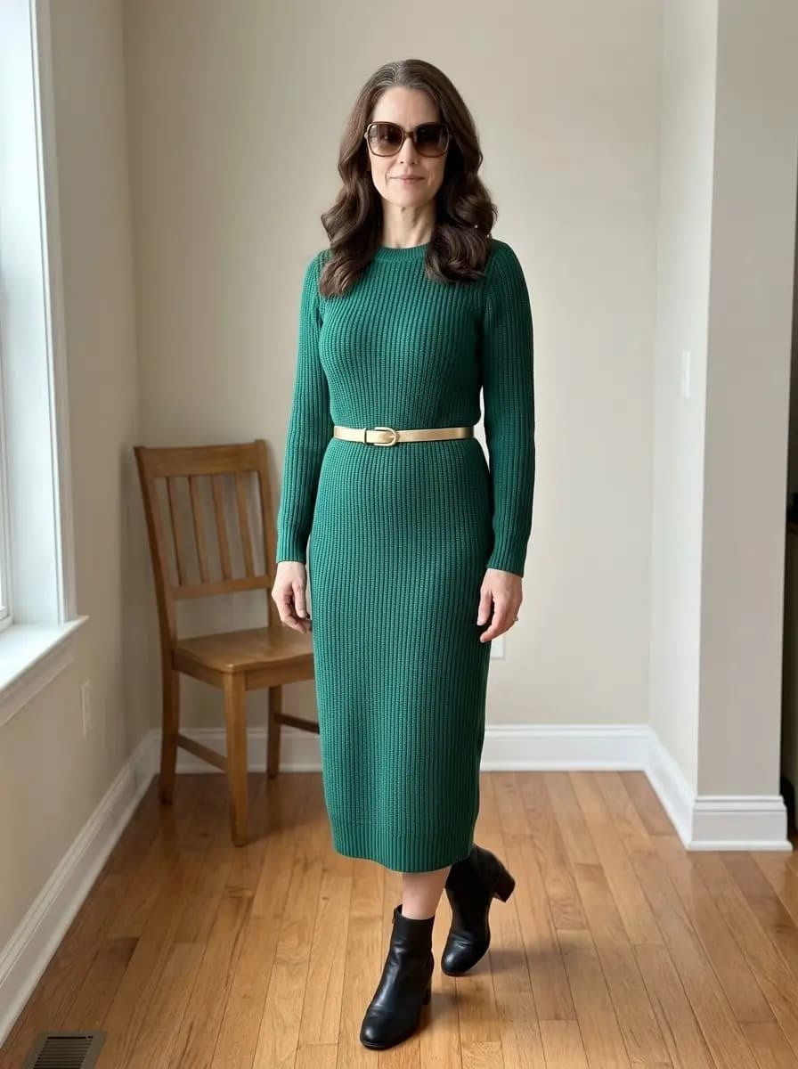 Green ribbed knit midi dress