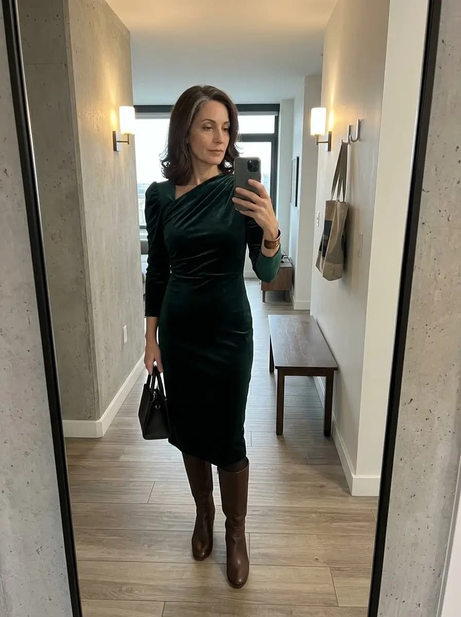 Dark green velvet long-sleeve dress with tall brown boots