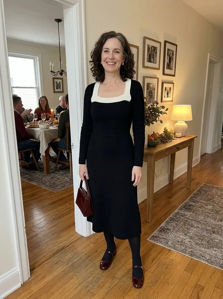 Black long-sleeve knit dress with wide white collar and burgundy Mary Janes