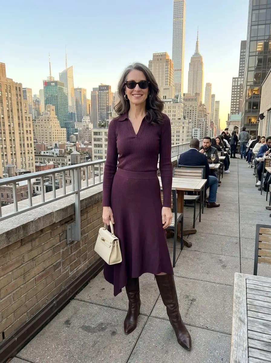 Burgundy ribbed knit collared top with matching burgundy knit midi skirt
