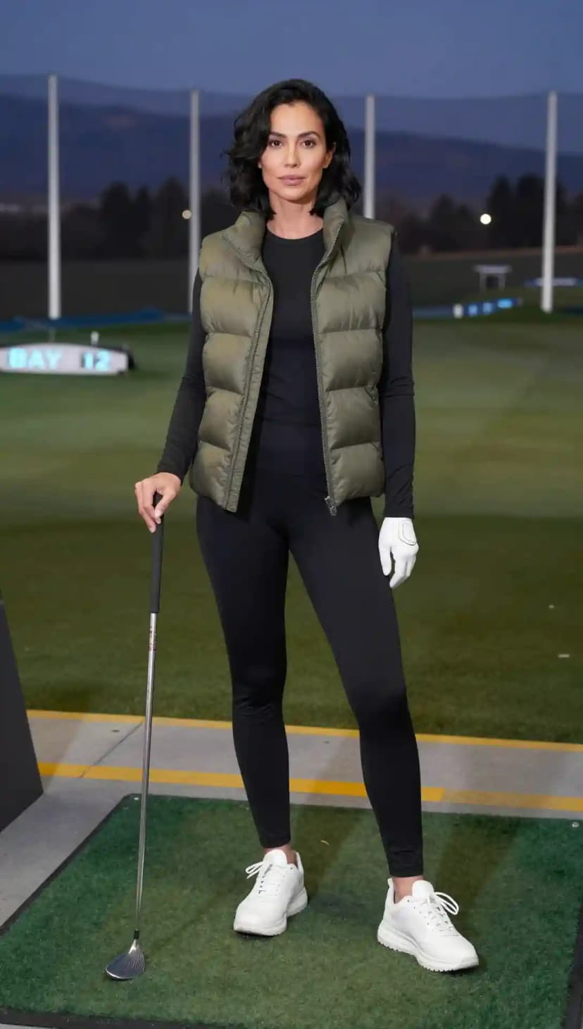 Black Long Sleeve Top + Black Leggings + Olive Puffer Vest