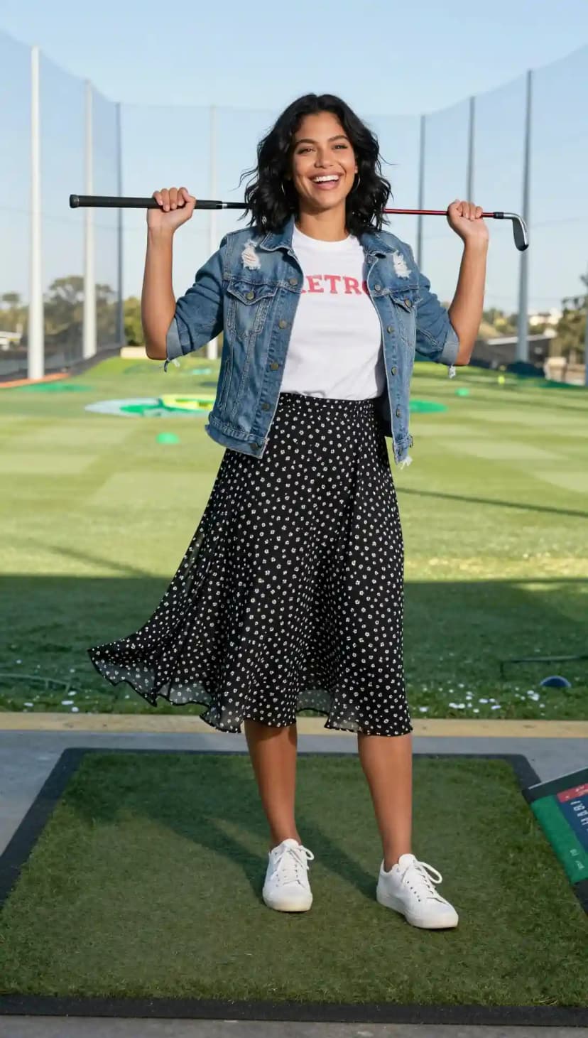 White Cotton T-Shirt + Blue Denim Jacket + Black Floral Chiffon Skirt