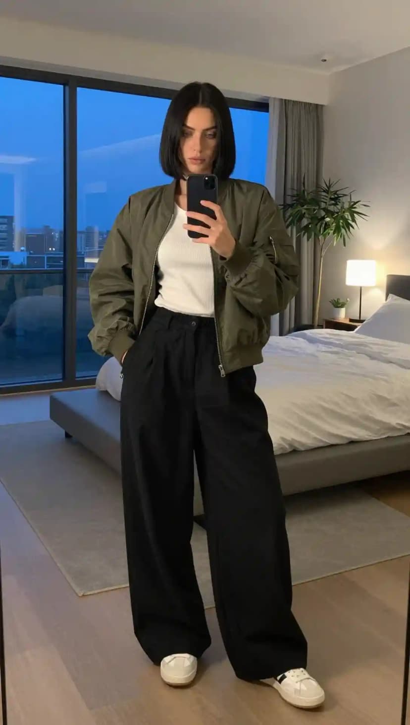 Olive Bomber Jacket + White Ribbed Tank Top + Black Linen Trousers