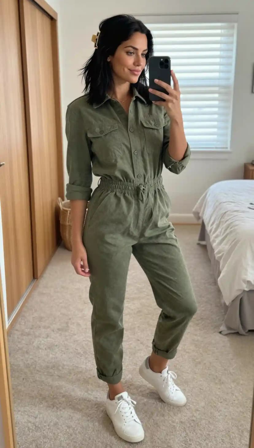 Olive Twill Utility Jumpsuit + White Leather Sneakers