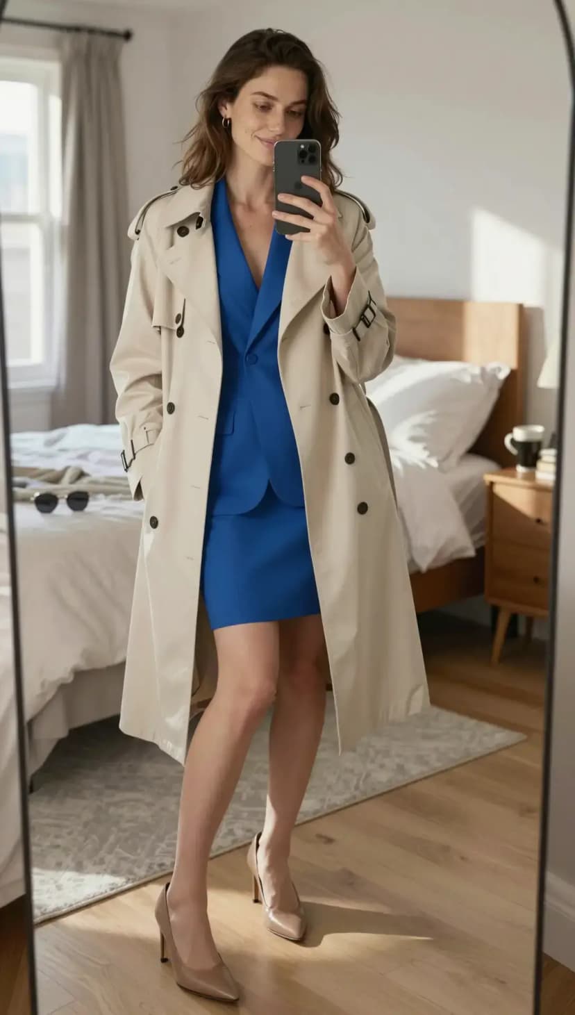 Beige Cotton Trench Coat + Royal Blue Mini Dress + Nude Heels