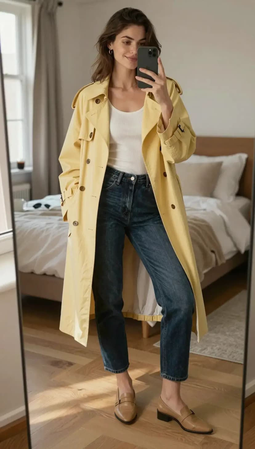 Yellow Cotton Trench Coat + White Ribbed Tank Top + Dark Wash Straight Leg Jeans + Tan Leather Loafers