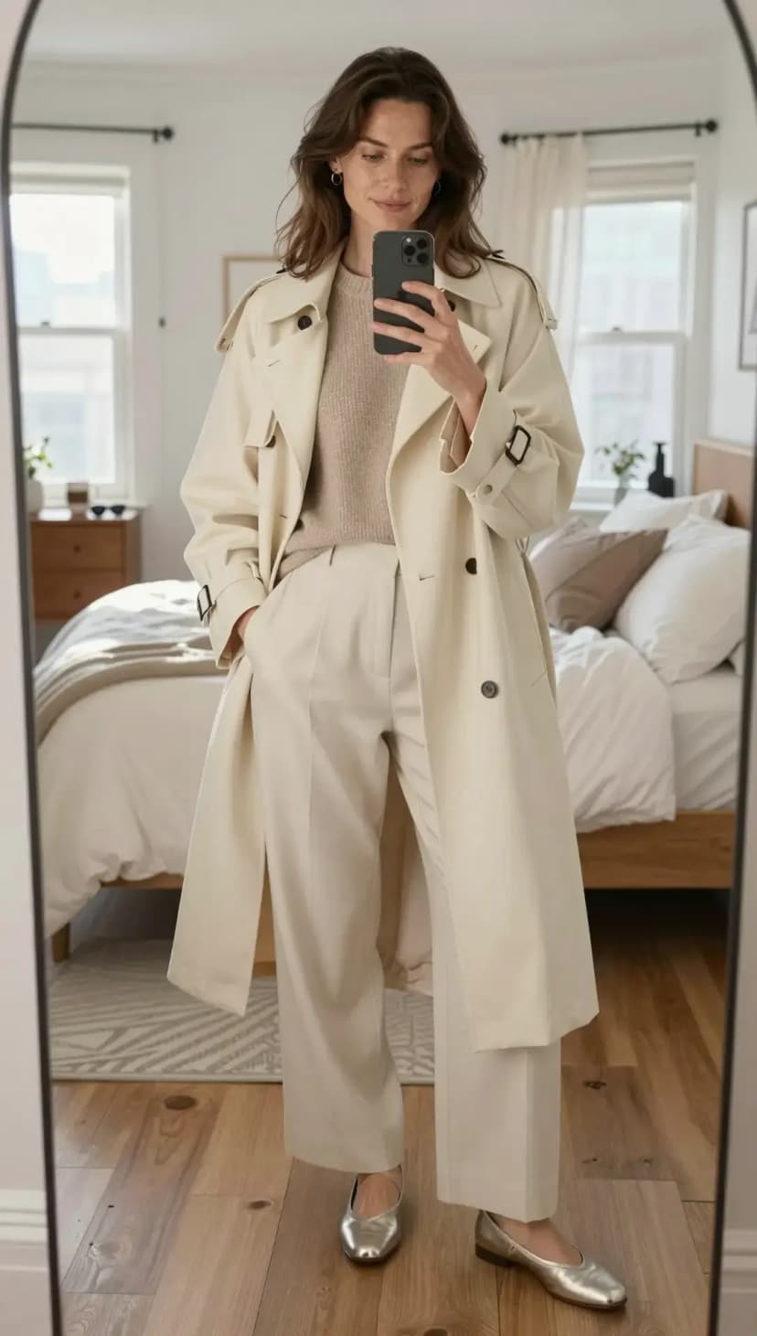 Cream Trench Coat + Beige Knit Sweater + Cream Wide-Leg Trousers + Silver Ballet Flats