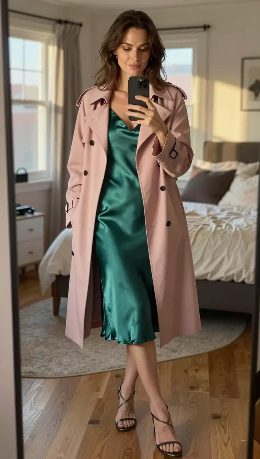Pink Cotton Trench Coat + Emerald Satin Slip Dress + Pewter Strappy Heels