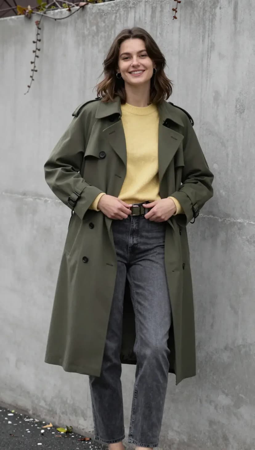 Yellow Knit Sweater + Grey Denim Jeans + Olive Trench Coat