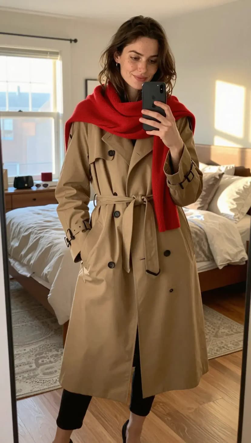 Camel Cotton Trench Coat + Red Wool Scarf + Black Trousers + Black Heels