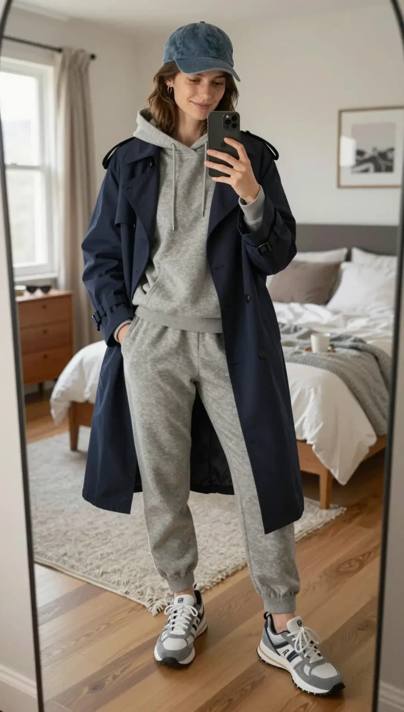 Navy Cotton Trench Coat + Grey Cotton Hoodie + Grey Cotton Joggers + Grey and White Leather Sneakers