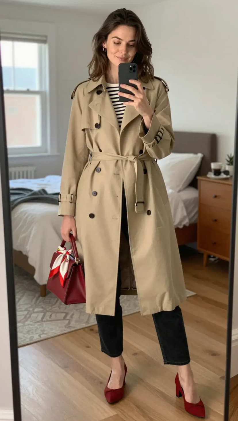 Beige Cotton Trench Coat + Black Striped Cotton T-shirt + Black Denim Jeans + Red Suede Pumps