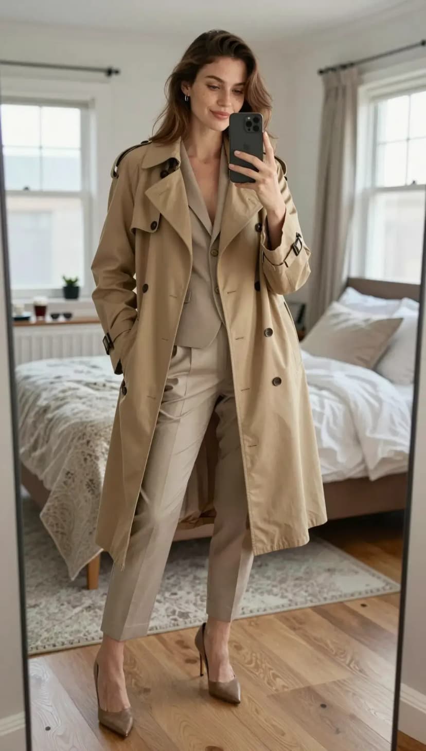 Beige Cotton Trench Coat + Beige Linen Vest + Beige Linen Trousers + Taupe Leather Heels