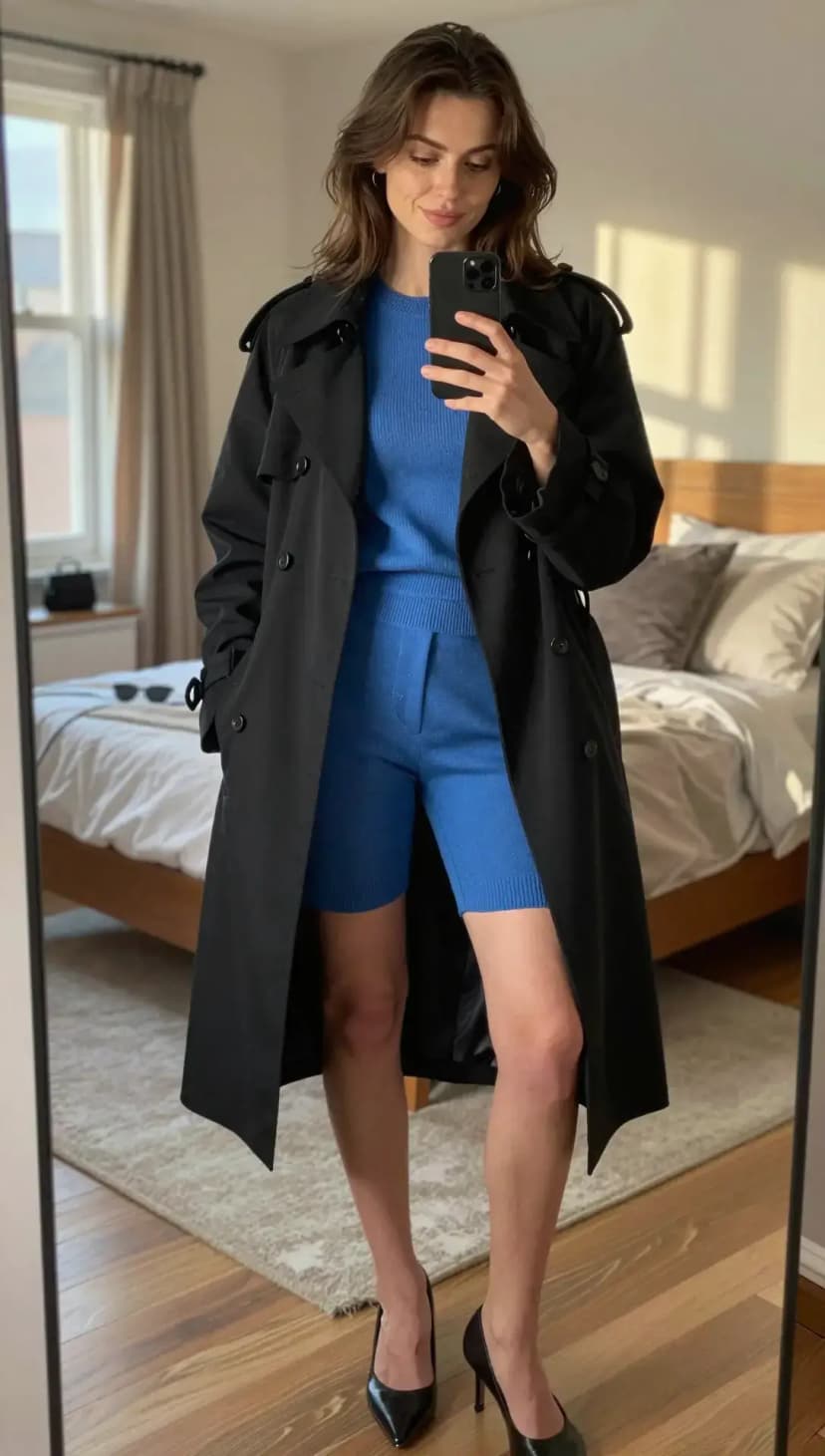Black Trench Coat + Blue Ribbed Knit Sweater + Blue Ribbed Knit Shorts + Black Pointed Heels
