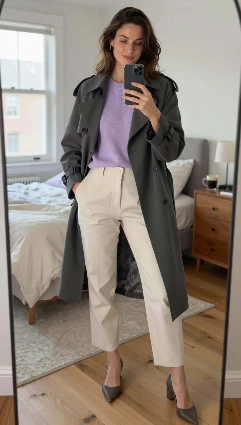 Charcoal Trench Coat + Lavender Crewneck Sweater + Cream Cropped Trousers + Charcoal Pointed-Toe Heels