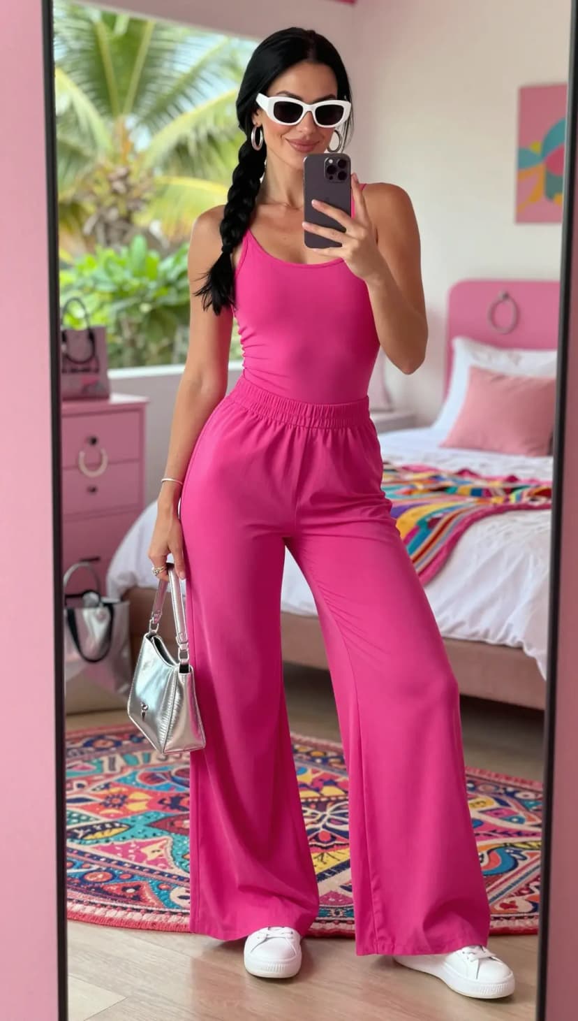 Hot Pink Jersey Tank Top + Hot Pink Jersey Wide-Leg Pants + White Leather Sneakers