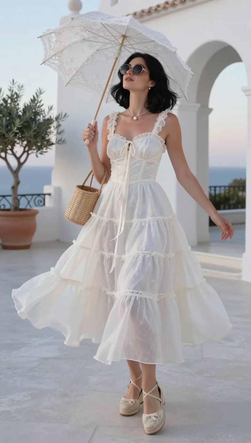 Cream Tiered Ruffle Midi Dress + Cream Espadrille Wedges