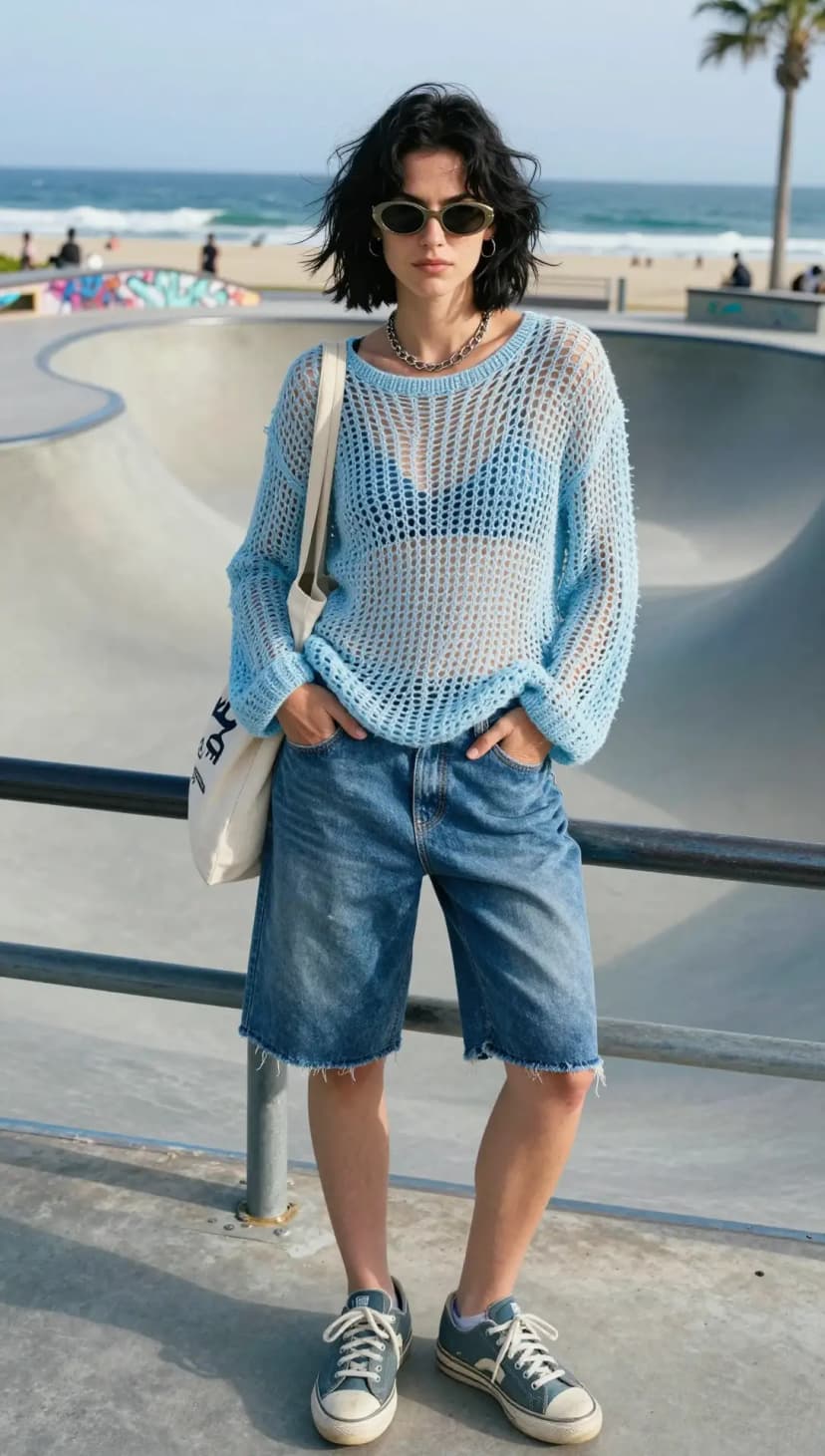 Sky Blue Crochet Knit Sweater + Blue Denim Cutoff Shorts + White Canvas Tote Bag