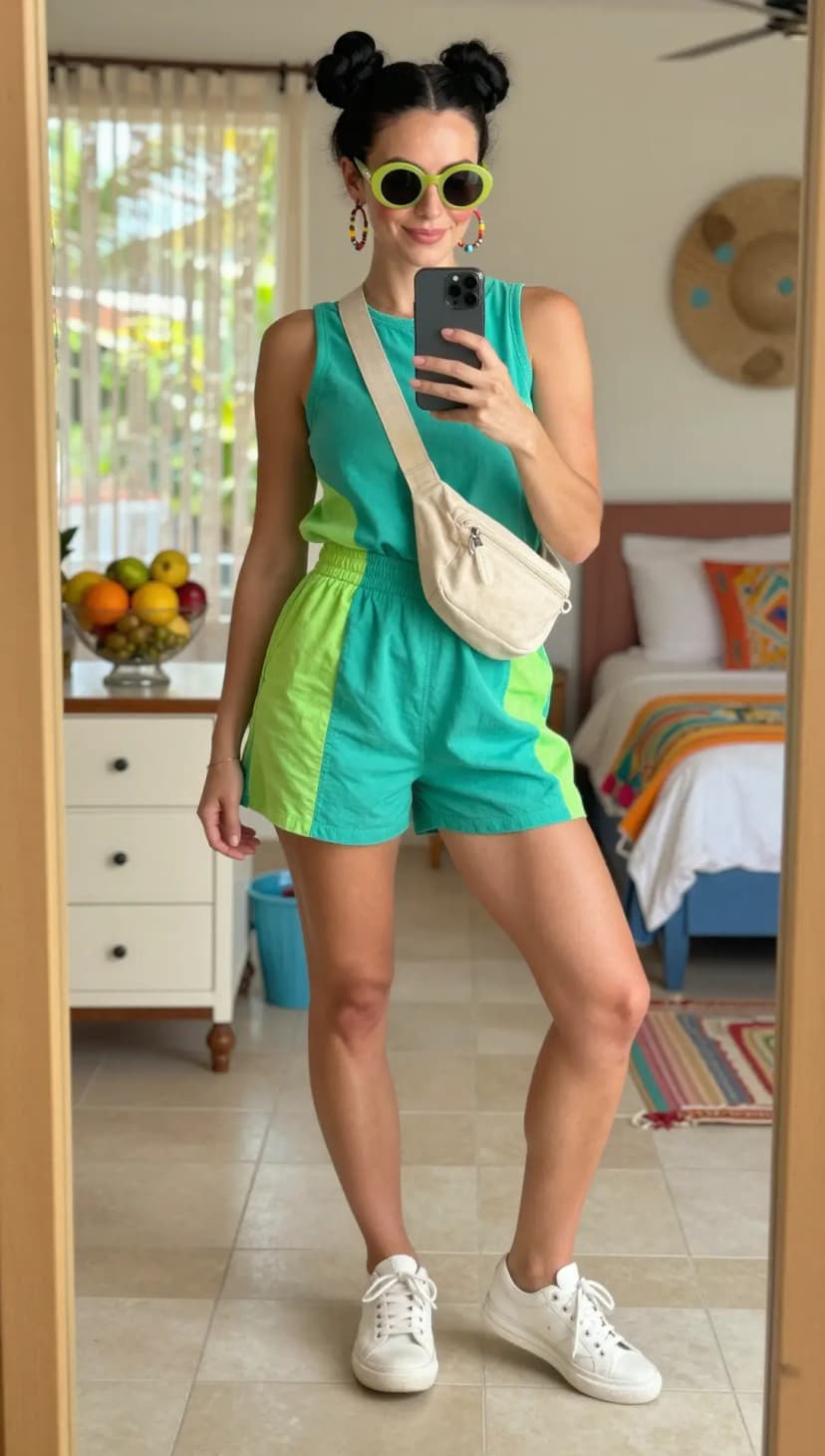 Teal Cotton Tank + Lime Green Polyester Shorts + Cream Canvas Belt Bag