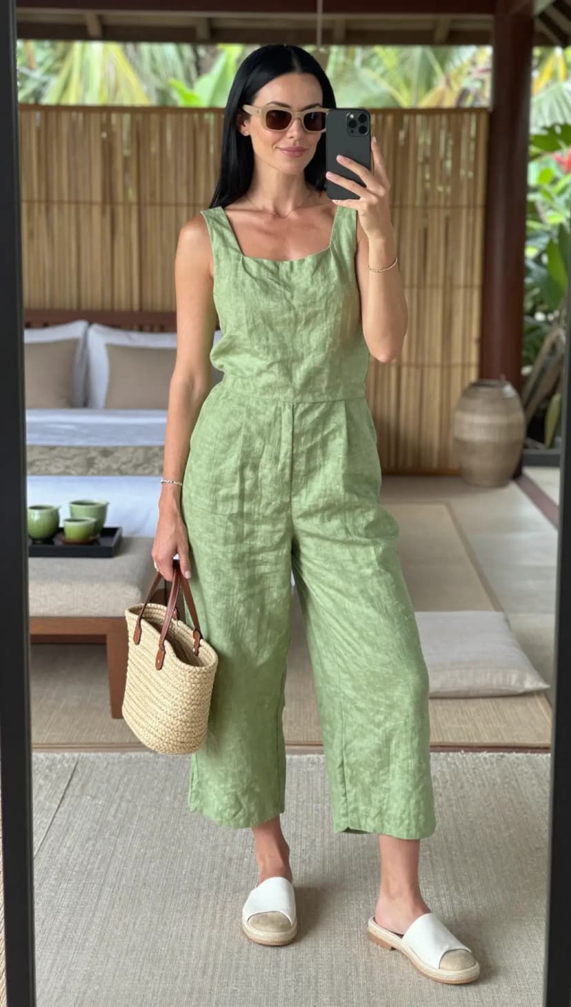 Lime Linen Jumpsuit + Straw Tote Bag + White Espadrille Slides