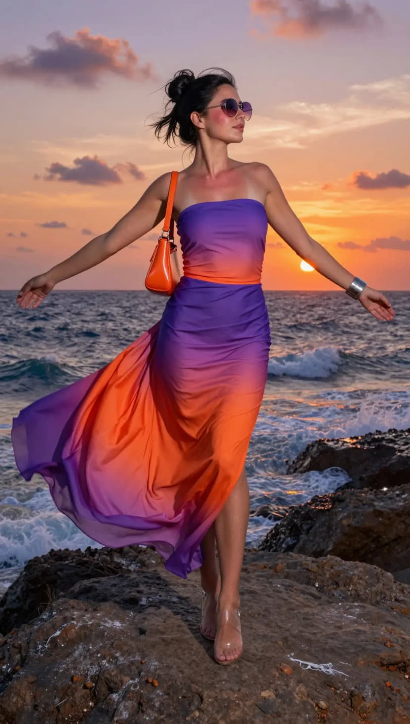 Purple and Orange Ombre Chiffon Strapless Maxi Dress + Clear Strap Heels
