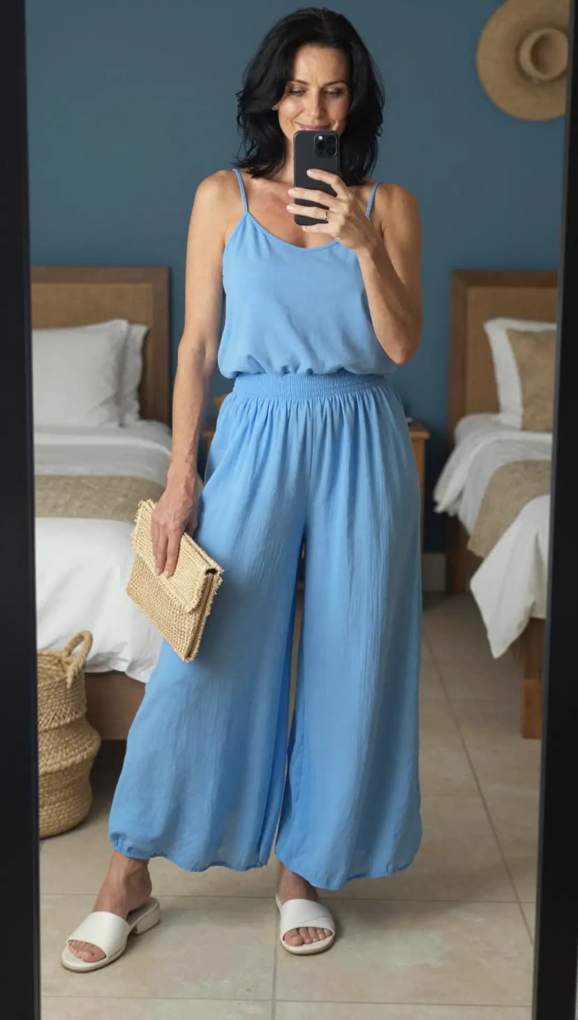 Light Blue Linen Blend Camisole + Light Blue Linen Blend Wide-Leg Pants + White Leather Slides