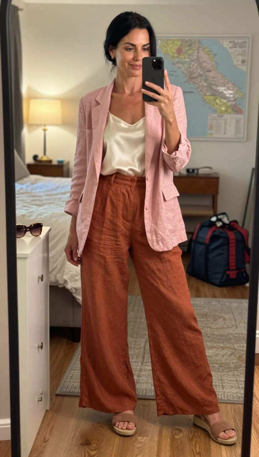 Pink Linen Blazer + Cream Satin Camisole + Terracotta Linen Wide-Leg Trousers