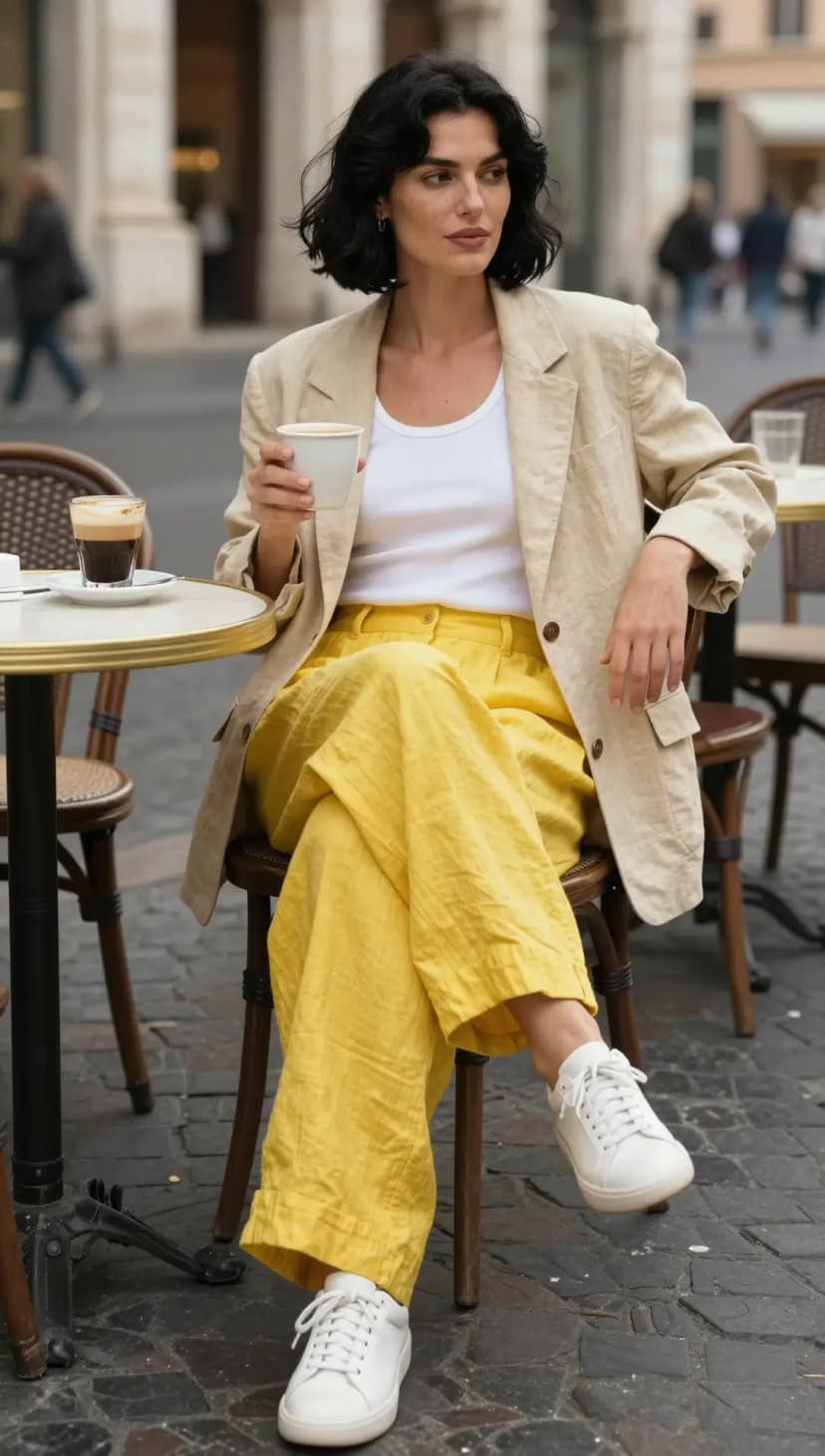 Natural Linen Blazer + White Ribbed Tank Top + Marigold Linen Wide-Leg Trousers + White Leather Sneakers