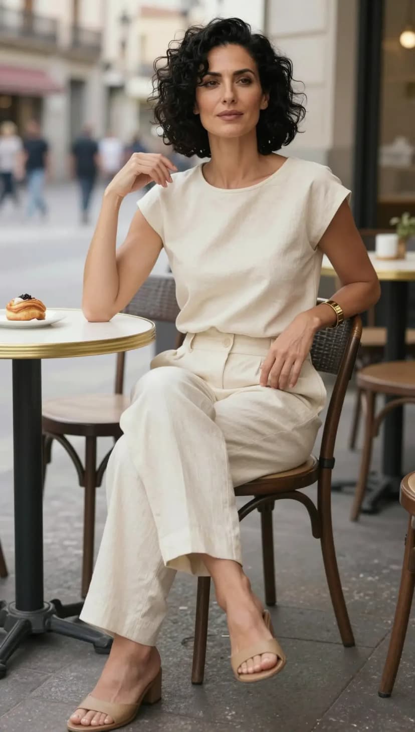 Cream Linen Cap Sleeve Top + Cream Linen Wide-Leg Trousers + Tan Block Heel Mules